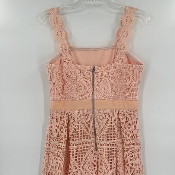 Just Me Crochet Lace Dress Size M Peach Milkmaid Asymmetric Boho Cottage Fairy - Picture 6 of 12